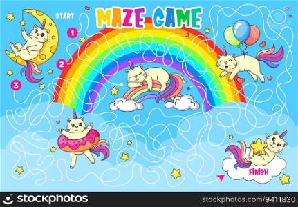 Labyrinth maze. Help cute caticorn cat to find friends, kids game quiz. Cartoon funny unicorn kitty characters vector puzzle worksheet with labyrinth on sky background, rainbows, balloons and stars. Labyrinth maze. Help caticorn cat to find friends