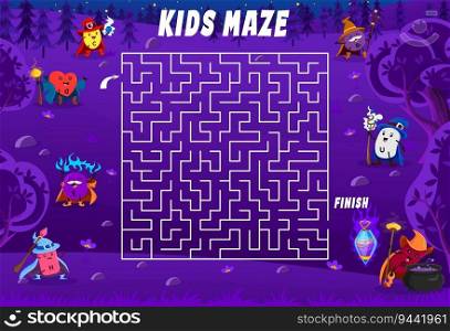 Labyrinth maze help to micronutrient wizards find a magic potion. Kids vector board game worksheet with C, D, E, H, B1, U and P Halloween nutrient capsule characters in night forest with tangled path. Labyrinth maze help to micronutrient wizards