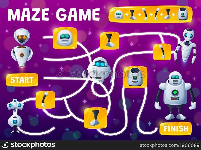 Labyrinth maze kids game, assemble robot from spare parts, vector tabletop riddle. Find and match spare parts of android robot, robotic bot or cyber chatbots and cartoon cyborgs or space aliens. Labyrinth maze kids game, assemble robot parts