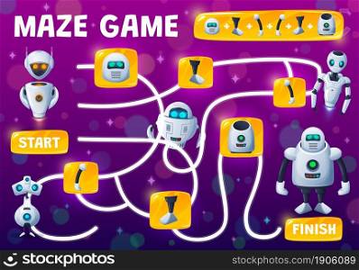 Labyrinth maze kids game, assemble robot from spare parts, vector tabletop riddle. Find and match spare parts of android robot, robotic bot or cyber chatbots and cartoon cyborgs or space aliens. Labyrinth maze kids game, assemble robot parts