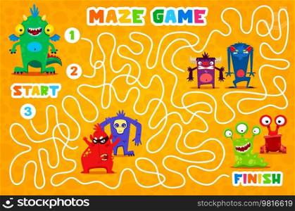 Labyrinth maze monster characters. Kids vector board game with tangled path, start, finish and cartoon personages. Children riddle help mutant meet his friend. Quiz boardgame for preschool activity. Labyrinth maze monster characters, kids board game