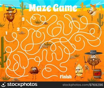 Labyrinth maze. Nut sheriff, cowboy and bandit characters at mexican desert. Finding path playing activity, maze quiz vector game worksheet with cartoon hazelnut, walnut, almond and pumpkin seed. Labyrinth maze game with nut sheriff, cowboys