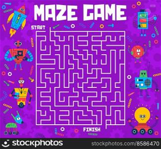 Labyrinth maze of help cartoon robots and droids to find exit. Vector worksheet of kids game or puzzle quiz with vintage robot toy characters. Square labyrinth with humanoid cyborg, android assistant. Labyrinth maze, help cartoon robots to find exit