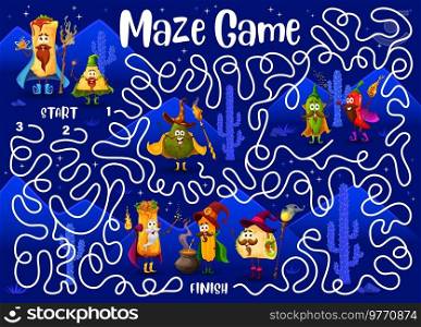 Labyrinth maze Tex Mex Mexican food wizard characters, vector puzzle game. Kids labyrinth maze riddle to help find way for cartoon burrito sorcerer, jalapeno magician and taco sorcerer with magic wand. Labyrinth maze game, Mexican food wizards, mages