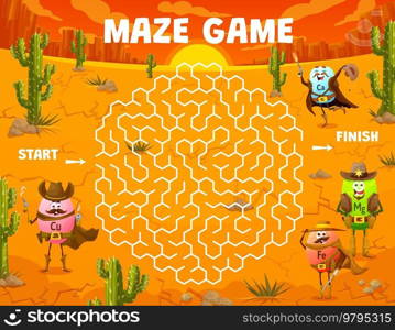 Labyrinth maze. Wild West cartoon cowboy, sheriff, bandit and robber vitamin characters. Search path playing activity vector worksheet, kids labyrinth puzzle with Cu, Ca and Fe, Mg vitamin personages. Labyrinth maze with Wild West cowboy vitamins