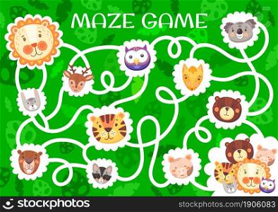 Labyrinth maze with cute funny animals. Kids vector board game with tangled path and cartoon characters. Lion, hare, tiger and koala with pig, beaver and bear with owl, fox or deer children riddle. Labyrinth maze with cute funny animals. Kids game