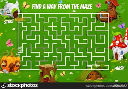 Labyrinth maze with mushroom, teapot, stump, boot and pumpkin houses. Cartoon vector board game worksheet for kids recreation, boardgame with path, start and finish, educational children riddle task. Labyrinth maze with mushroom, teapot, stump, boot