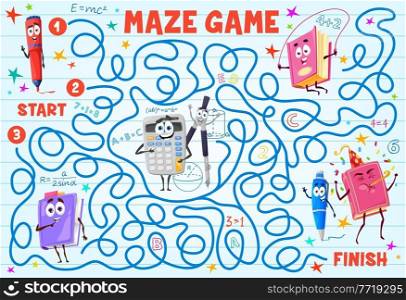 Labyrinth maze with school books, pen, pencil, calculator and compasses cartoon characters. Children educational puzzle with search way task, vector child playing activities book page template. Kids maze with book, stationery cartoon character