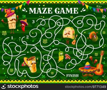 Labyrinth maze with vector mexican tacos, avocado and chimichanga, jalapeno and tamale cartoon characters. Kids educational game or puzzle worksheet with mexican food. Labyrinth maze, Mexican tacos, avocado, jalapeno