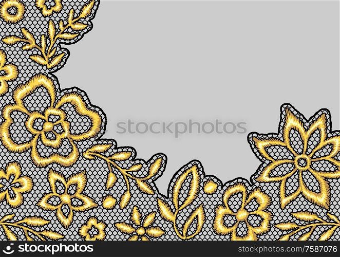 Lace background with gold flowers. Vintage golden embroidery on lacy texture grid.. Lace background with gold flowers.