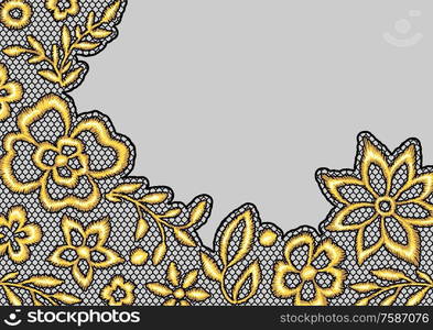 Lace background with gold flowers. Vintage golden embroidery on lacy texture grid.. Lace background with gold flowers.