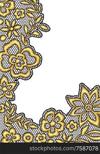 Lace background with gold flowers. Vintage golden embroidery on lacy texture grid.. Lace background with gold flowers.