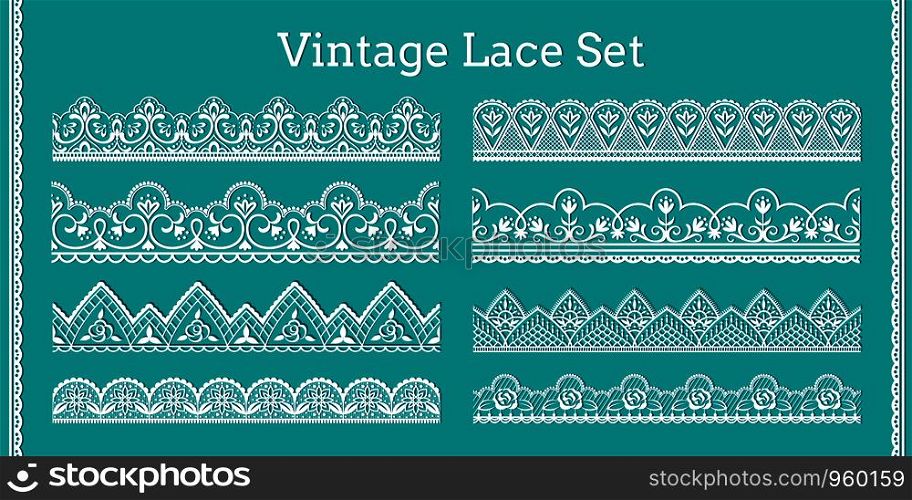 Lace borders. Seamless decorative frills with ornamental and floral elements for invitation and greeting cards. Vector anglaise set of vintage cotton laces eyelets for frilled decor. Lace borders. Seamless decorative frills with ornamental and floral elements for invitation and greeting cards. Vector anglaise set