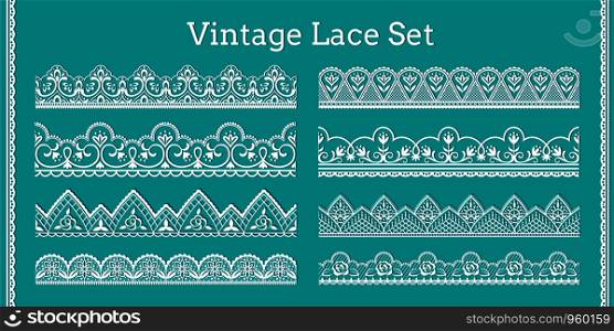 Lace borders. Seamless decorative frills with ornamental and floral elements for invitation and greeting cards. Vector anglaise set of vintage cotton laces eyelets for frilled decor. Lace borders. Seamless decorative frills with ornamental and floral elements for invitation and greeting cards. Vector anglaise set