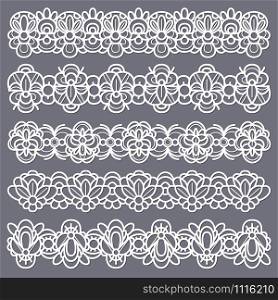Lace borders. Seamless vintage cotton lace eyelets, horizontal stripe handmade. Embroidered decorative ornate pattern ribbons isolated cutting vector lacy set. Lace borders. Seamless vintage cotton lace eyelets, horizontal stripe handmade. Embroidered decorative ornate pattern ribbons vector set