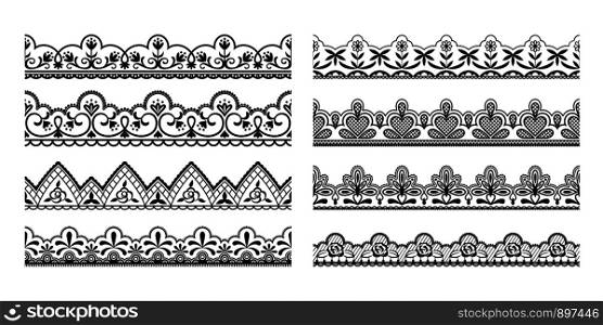 Lace borders. Seamless vintage decorative ribbons with ornamental and floral elements, cloth black tape pattern. Vector isolated illustration frill design set on white background. Lace borders. Seamless vintage decorative ribbons with ornamental and floral elements, cloth black tape pattern. Vector isolated set