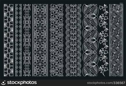 Lace borders. Vertical vector seamless lace patterns. Vector illustration. Vertical seamless lace borders