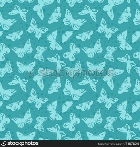 Lace butterflies silhouettes vector seamless pattern. Lace butterfly pattern, green silhouette wallpaper illustration. Lace butterflies silhouettes vector seamless background pattern