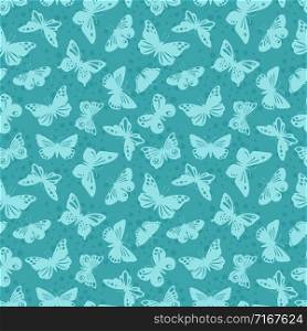 Lace butterflies silhouettes vector seamless pattern. Lace butterfly pattern, green silhouette wallpaper illustration. Lace butterflies silhouettes vector seamless background pattern
