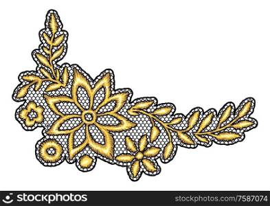 Lace decorative element with gold flowers. Vintage golden embroidery on lacy texture grid.. Lace decorative element with gold flowers.