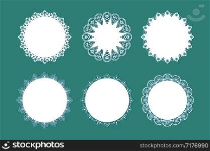 Lace doily. Traditional round table decoration ornamental elements, vintage floral design. Vector isolated round paper interiors mat set. Lace doily. Traditional round table decoration ornamental elements, vintage floral design. Vector isolated set