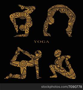 Lace female silhouettes set. Yoga logo elements. Body female yoga, position health and meditation. Vector illustration. Lace female silhouettes set. Yoga logo elements