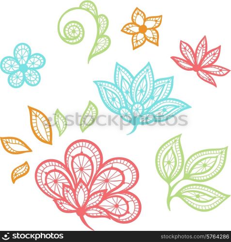 Lace floral color elements isolated on white.