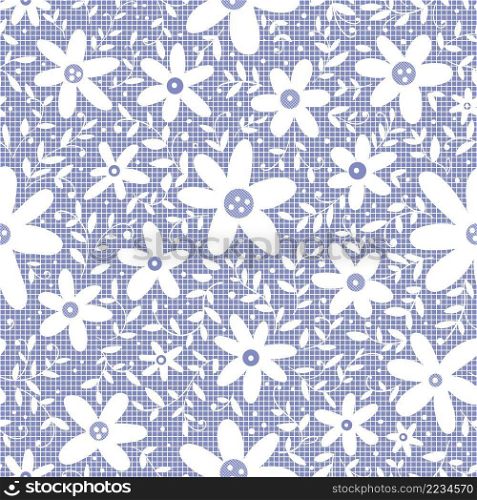 Lace openwor fabric. White flowers on a grid. Vector seamless pattern.