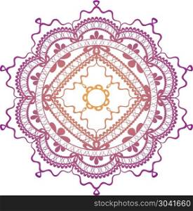 Lace ornament. Round lace flower ornament on purple and yellow color on white background.
