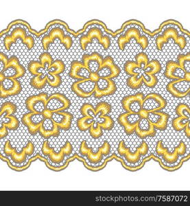 Lace seamless pattern with gold flowers. Vintage golden embroidery on lacy texture grid.. Lace seamless pattern with gold flowers.