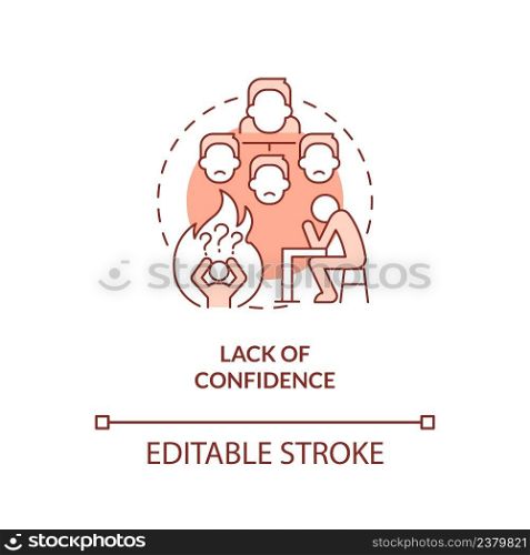 Lack of confidence red concept icon. Postpones decision making. Toxic leader trait abstract idea thin line illustration. Isolated outline drawing. Editable stroke. Arial, Myriad Pro-Bold fonts used. Lack of confidence red concept icon