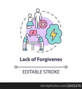 Lack of forgiveness concept icon. Toxic relationships. Vindictive partner. Blaming for past mistakes abstract idea thin line illustration. Vector isolated outline color drawing. Editable stroke. Lack of forgiveness concept icon