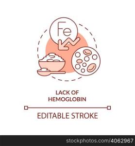 Lack of hemoglobin red concept icon. Iron deficiency risk. Side effect abstract idea thin line illustration. Isolated outline drawing. Editable stroke. Arial, Myriad Pro-Bold fonts used. Lack of hemoglobin red concept icon