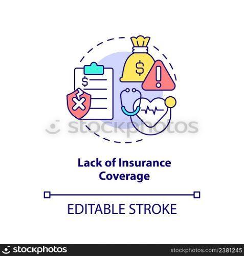 Lack of insurance coverage concept icon. Biggest problem facing healthcare abstract idea thin line illustration. Isolated outline drawing. Editable stroke. Arial, Myriad Pro-Bold fonts used. Lack of insurance coverage concept icon