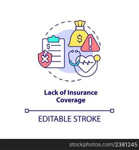 Lack of insurance coverage concept icon. Biggest problem facing healthcare abstract idea thin line illustration. Isolated outline drawing. Editable stroke. Arial, Myriad Pro-Bold fonts used. Lack of insurance coverage concept icon