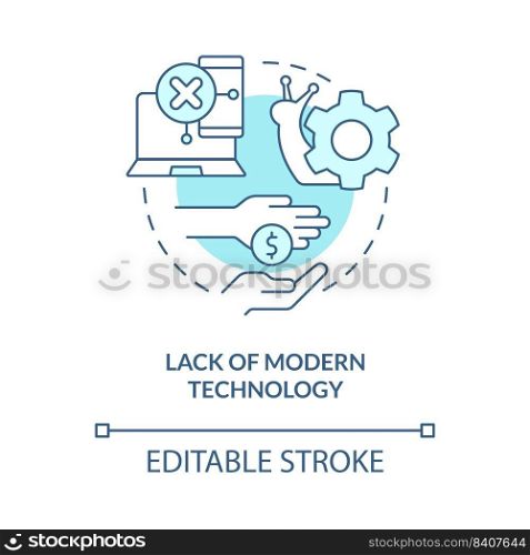 Lack of modern technology turquoise concept icon. Money deficit. Problem in schools abstract idea thin line illustration. Isolated outline drawing. Editable stroke. Arial, Myriad Pro-Bold fonts used. Lack of modern technology turquoise concept icon