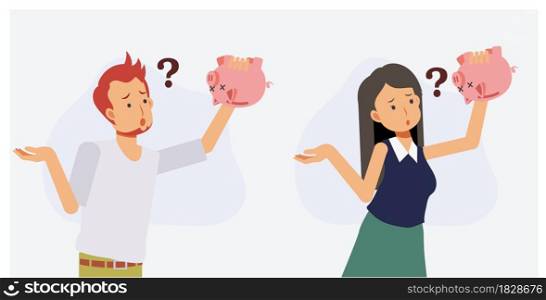 Lack of money,out of money,financial problem concept. Set of man and woman is trying to find money in piggy bank.Flat vector 2d cartoon character illustration.