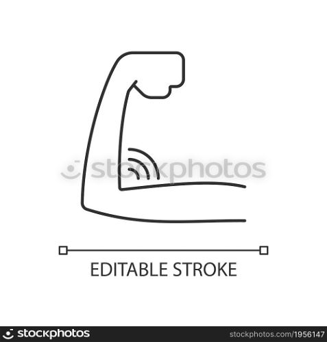 Lack of muscular strength linear icon. Experiencing weakness. Muscle atrophy. Joint disorders. Thin line customizable illustration. Contour symbol. Vector isolated outline drawing. Editable stroke. Lack of muscular strength linear icon