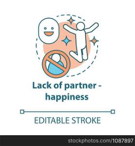 Lack of partner happiness concept icon. Joy of being alone. Happy divorce. Fun from breaking problem relationship idea thin line illustration. Vector isolated outline drawing. Editable stroke