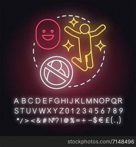 Lack of partner happiness neon light concept icon. Joy of being alone. Happy divorce. Fun from breaking relationship idea. Glowing sign with alphabet, numbers and symbols. Vector isolated illustration