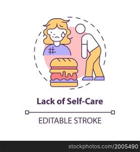 Lack of self-care concept icon. Neglect individual health and hygiene. Ignoring basic personal needs abstract idea thin line illustration. Vector isolated outline color drawing. Editable stroke. Lack of self-care concept icon