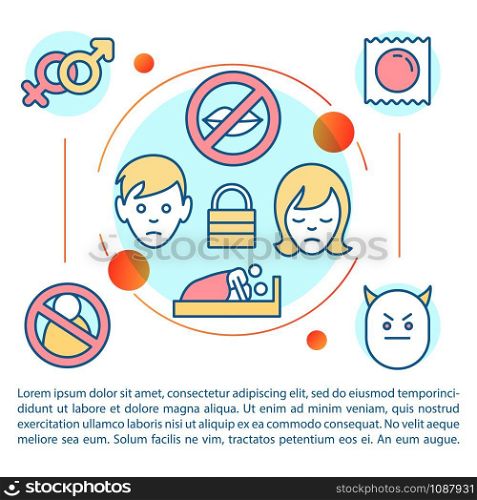 Lack of sex article page vector template. Intimate relationship problems. Marriage trouble. Brochure, magazine, booklet design element with linear icons. Print design. Concept illustrations with text