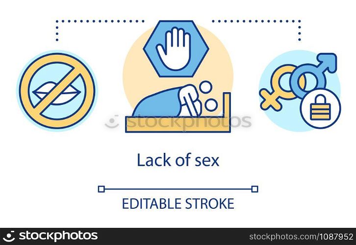 Lack of sex concept icon. Relationship trouble, faded passion, low libido idea thin line illustration. Couple in bed and gender symbols with lock vector isolated outline drawing. Editable stroke