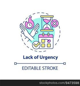 Lack of urgency multi color concept icon. Low priority. Schedule appointment. Change date. Customer need. Sales objection. Round shape line illustration. Abstract idea. Graphic design. Easy to use. Lack of urgency multi color concept icon