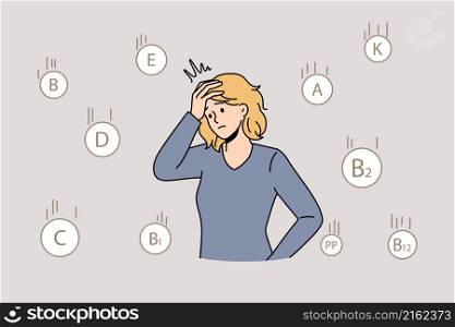 Lack of vitamins on body concept. Young stressed woman standing touching head feeling unhealthy and tired with lack of various vitamins and minerals in her body vector illustration . Lack of vitamins on body concept