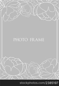 Laconic gray frame with silhouettes of flowers. White peonies, simple lines. Vector rectangular frame