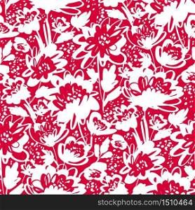 Laconic one-color hand drawn brush stroke floral seamless pattern for background, fabric, textile, wrap, surface, web and print design. Red abstract flowers.