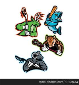 Lacrosse and Baseball Sports Mascot Collection. Mascot icon illustration set of lacrosse and baseball sporting sports team mascots like a stag deer, armadillo and bighorn ram, mountain goat lacrosse players and a largemouth bass baseball player on isolated background in retro style.. Lacrosse and Baseball Sports Mascot Collection