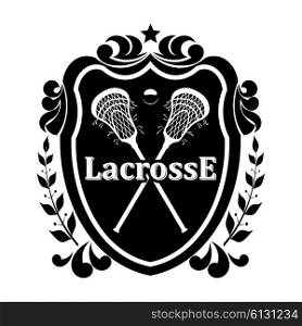 Lacrosse Sticks on a black shield with olive branches and the stars. Vector illustration