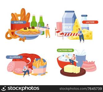 Lactose and gluten oncept icons set with allergen symbols flat isolated vector illustration